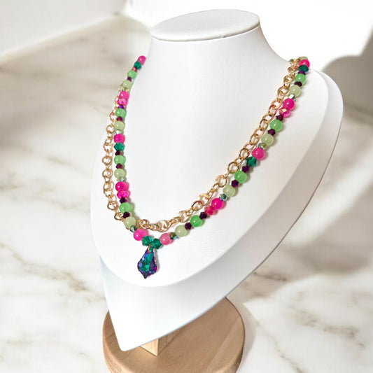 Collier fait main double rangée vert et fushia